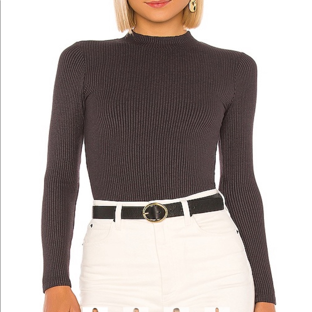 Monrow Ribbed Mock Neck Top in faded Black